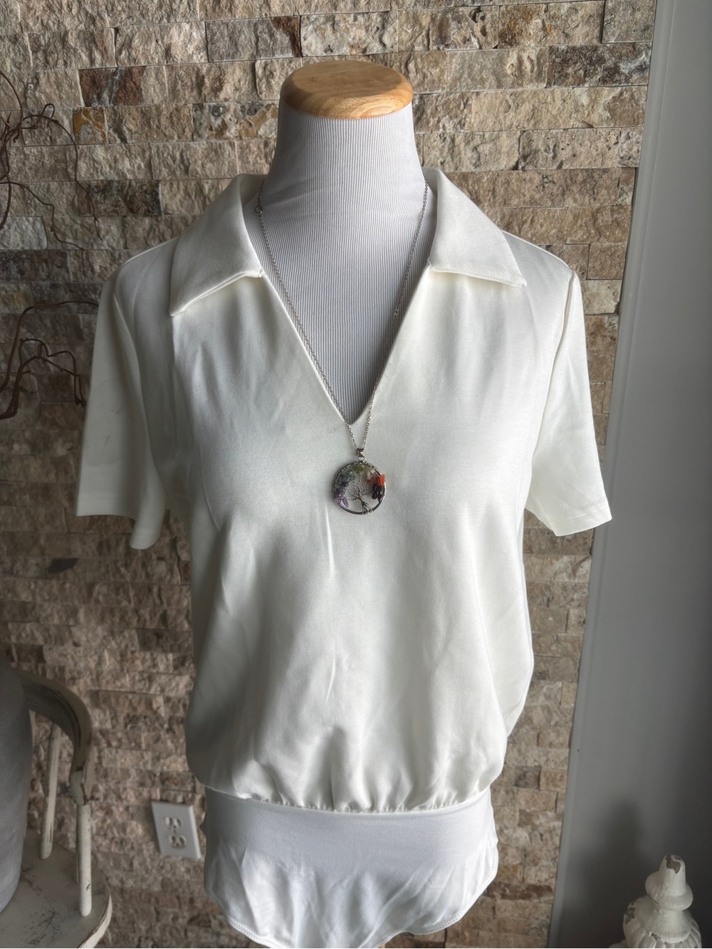 Cider Cream Short-Sleeve Collared Knit body suit with V-Neck
